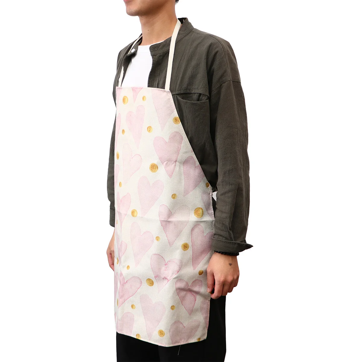 

Reusable Antistain Heart Printing Kitchen Apron Cotton Linen Oilresistant Restaurant Cooking Baking Gift