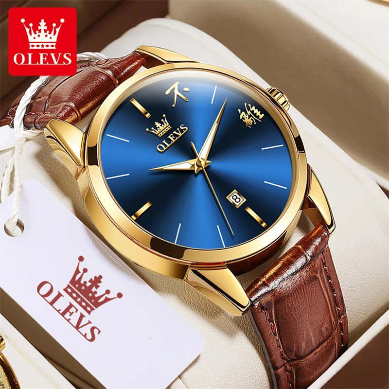 

OLEVS Mens Watches Top Brand Luxury Leather Waterproof Fashion Blue Quartz Watch for Men Business Wristwatches Relogio Masculino