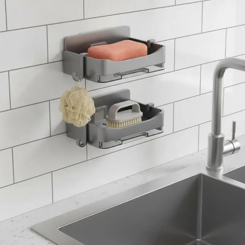 No Drill Wall Mount Soap Dish Drainable Self Adhesive Plastic Soap Holder for Bathroom Kitchen Countertop Use