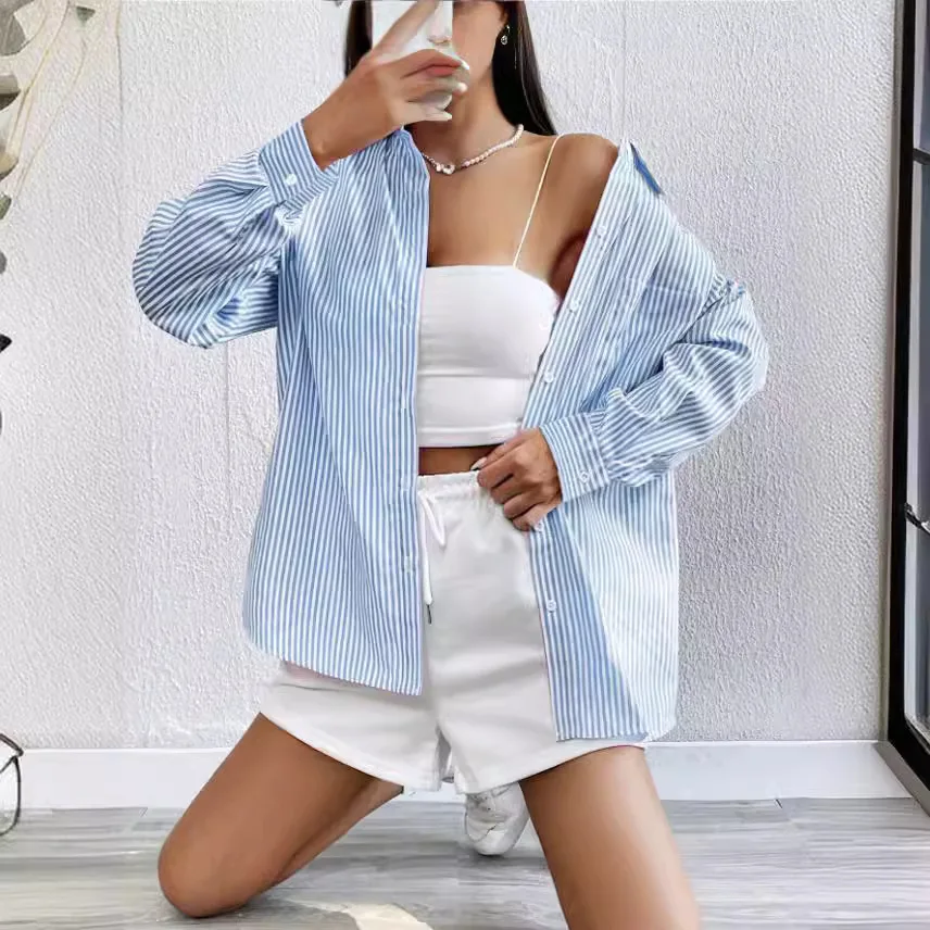 Koszula damska z guzikami, nieformalna moda, niebiesko-różowa bluzka, bluzki z długim rękawem i dekoltem w serek.