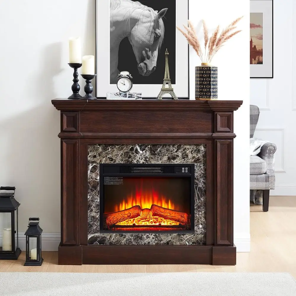 Cherry Wooden Electric Fireplace Mantel with 46 TV Stand and Heater for Living Room