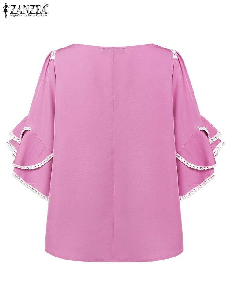 ZANZEA Stylish Lace Trim Gathered Blouses Women Casual Loose O-Neck Layered Flare Sleeve Blusas Mujer Everyday Solid Color Tops
