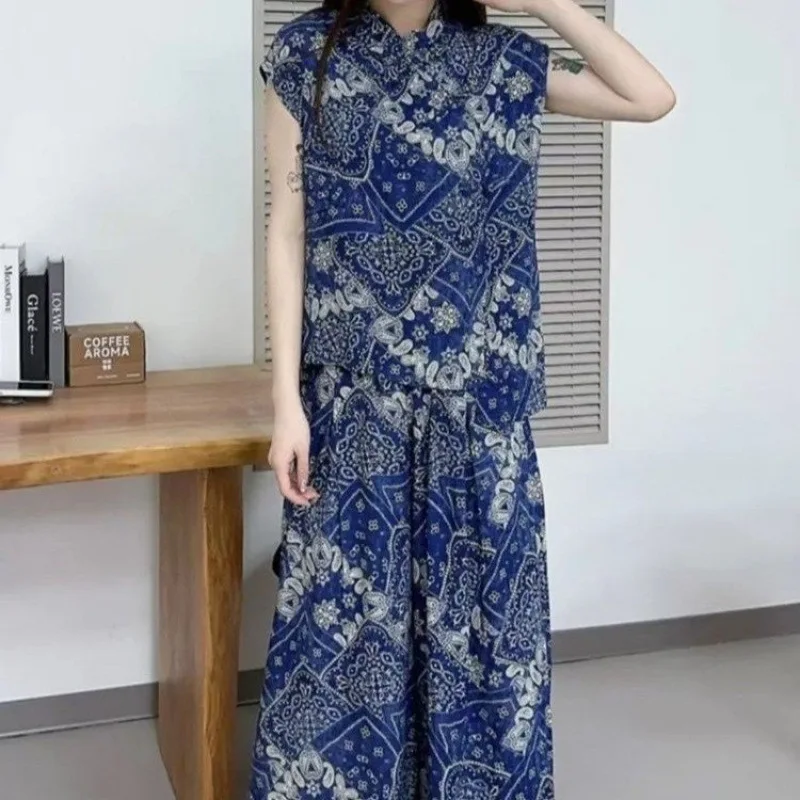 夏の中国風袍トップスパンツセット-レディースプリント半袖tシャツスカートパンツ-おしゃれでスリムなツーピースセット