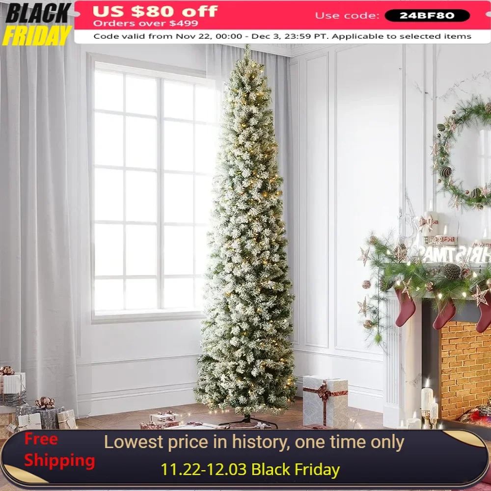 9 Foot Flocked Artificial Christmas Tree, with 450 Clear Lights,  Outdoor for Festive Holiday Decor,Hinged Snowy Slim Xmas Tree