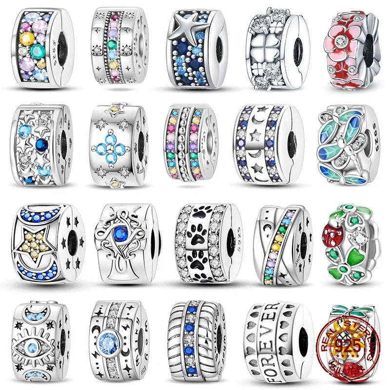 

100% 925 Sterling Silver Original Purple Zircon Colored Beaded Clips Fit Original Bracelet Safe DIY Jewelry Making Women Gift