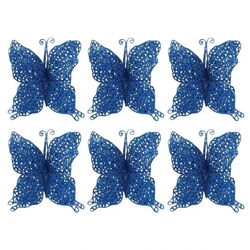 Glitter Butterfly Decoration 6PCS Hollow-Out Butterfly Ornaments With Clip Cute Artificial Butterfly Craft For Christmas Tree