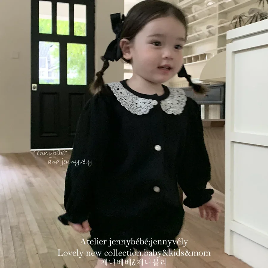 2024 Autumn Children Girl Korean Two Piece Set Baby Cardigan Jacket Fart Shorts Fashion Solid Elegant Princess Suits