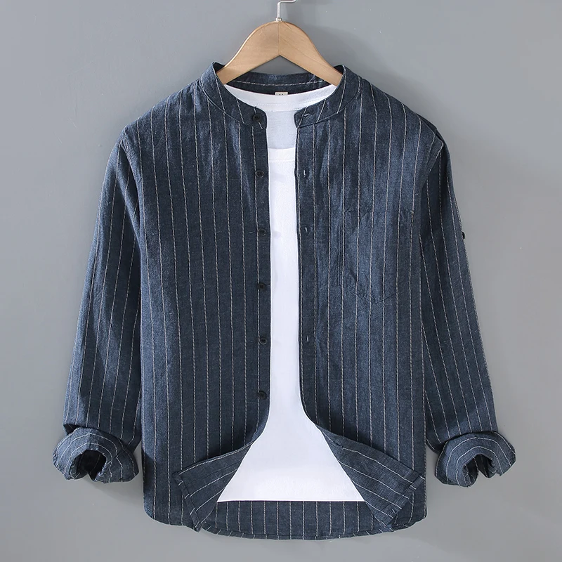 

Linen Cotton Blend Striped Shirts For Men Long Sleeve Loose Fit Spring Quality Breathable Stand Collar Leisure Camisas De Hombre