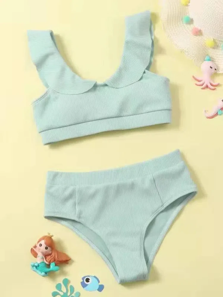 Girls High Waist Bikini Two Pieces Swimsuit Kids Ruffle Children's Swimwear 7-12 Years Teenager Bathing Suit Girl Beachwear 2024