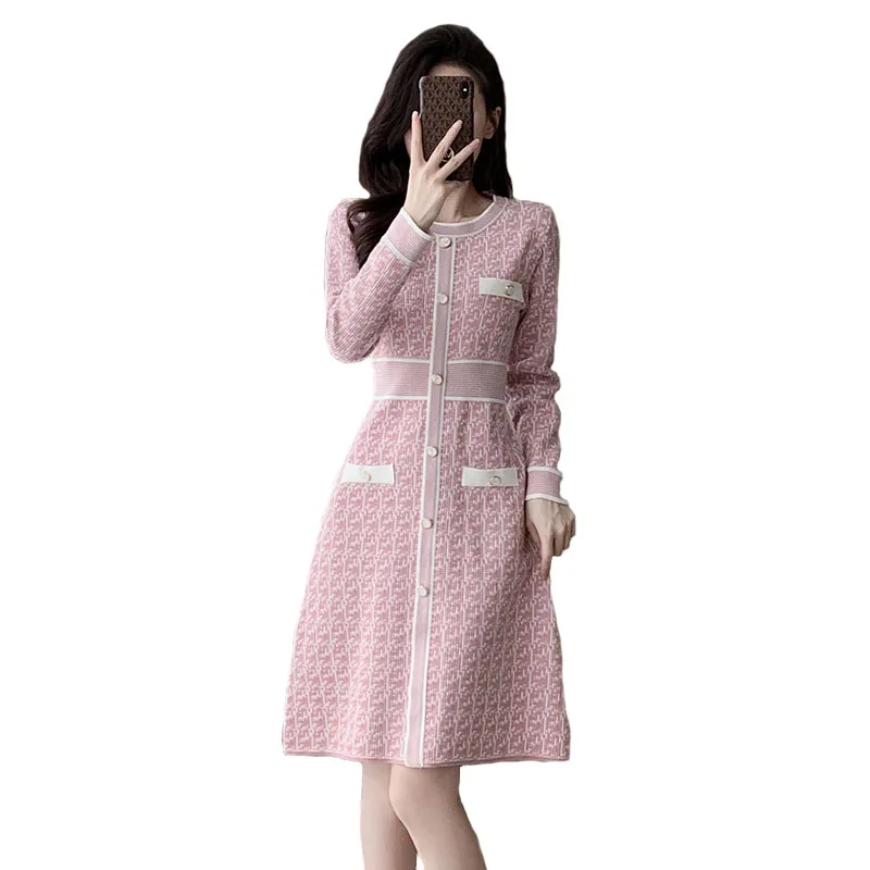 

New Slim Knitted Dress Women Autumn Korean Fashion O Neck Single Breasted Long Sleeve Bodycon Knee Length Dresses Vestidos Robe