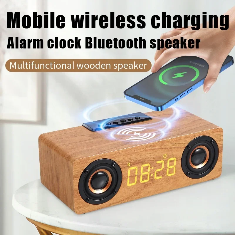 Multifunction Wooden Wireless Charger Portable HiFi Sound Fm Radio 1500mah Rechargeable BT 5.0 Wood Speaker