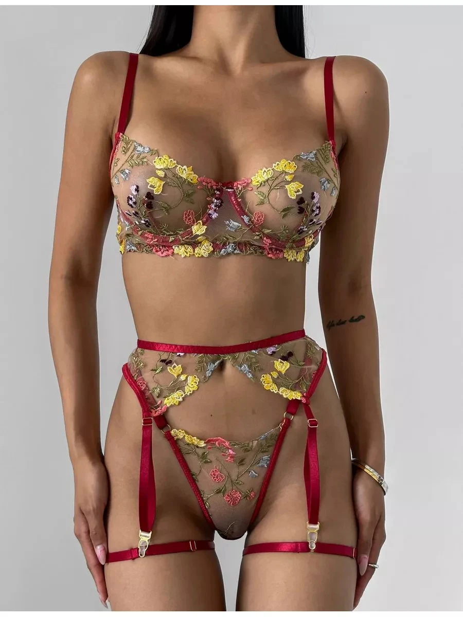 Women 4-Piece Floral Bra And Brief Underwear Set Mesh Embroidery Patchwork Sexy Lingerie Set With Garter Erotic Intimate Suits
