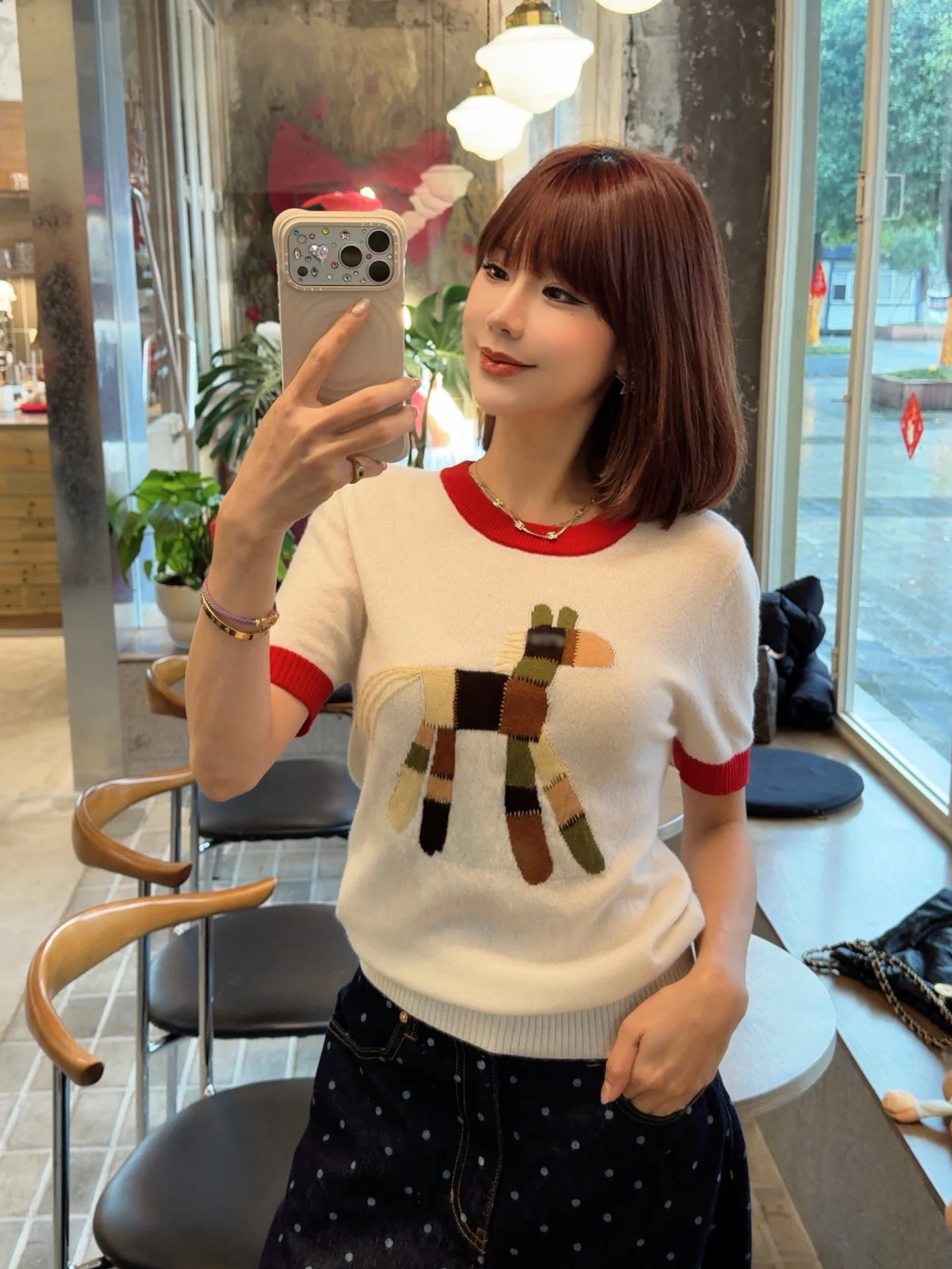 

ASBR Women's Camere ort Sve Embroidered Top Spring 2026 Casual Sle Slim Fit round Ne Warmth Animal Pattern Design