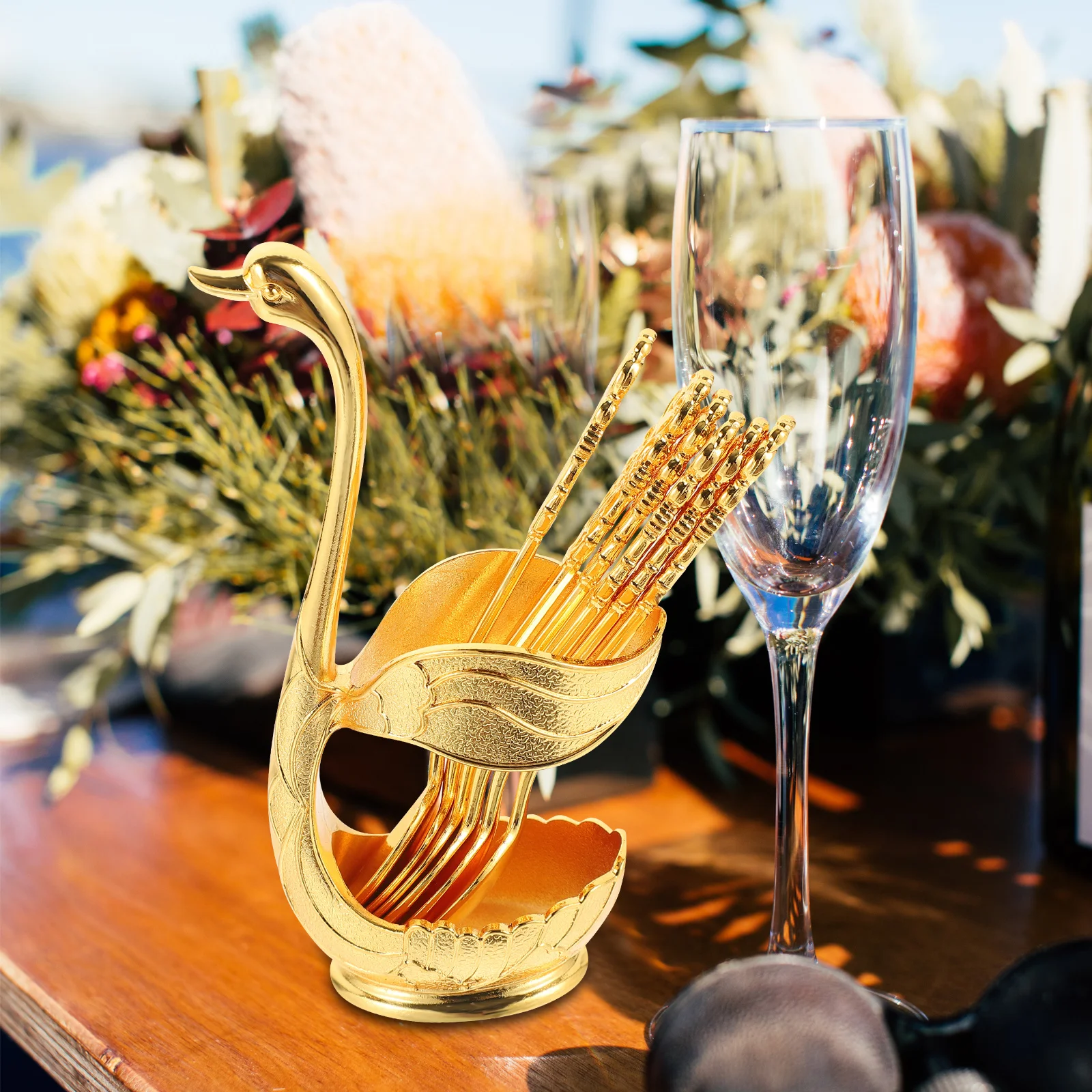 

1Set Metal Swan Spoon Holder Cake Dessert Spoons Set Alloy Kitchen Spoons Storage Rack Practical Set Spoonsfor Fruit