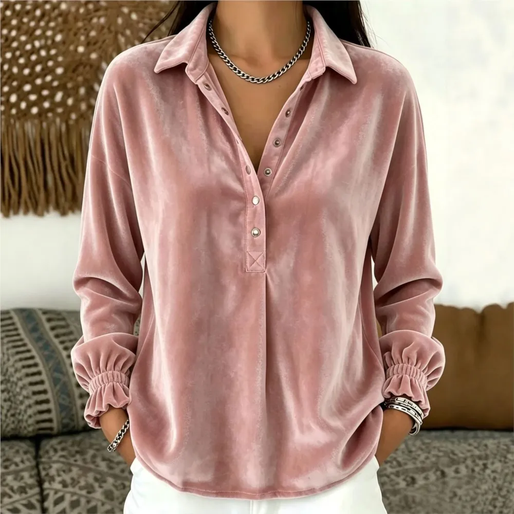 New Autumn Winter Tops Loose Casual Solid Color Comfortable Commuting Style Gold Velvet Long-sleeved POLO Collar Button Top