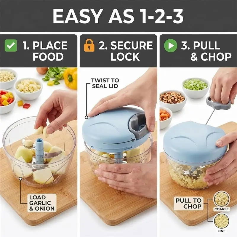 M11K-Food Processor Manual Hand Pull Vegetable& Herb Chopper For Chopperfor Quick Prep For Ginger Fruits Garlic Nuts Onion