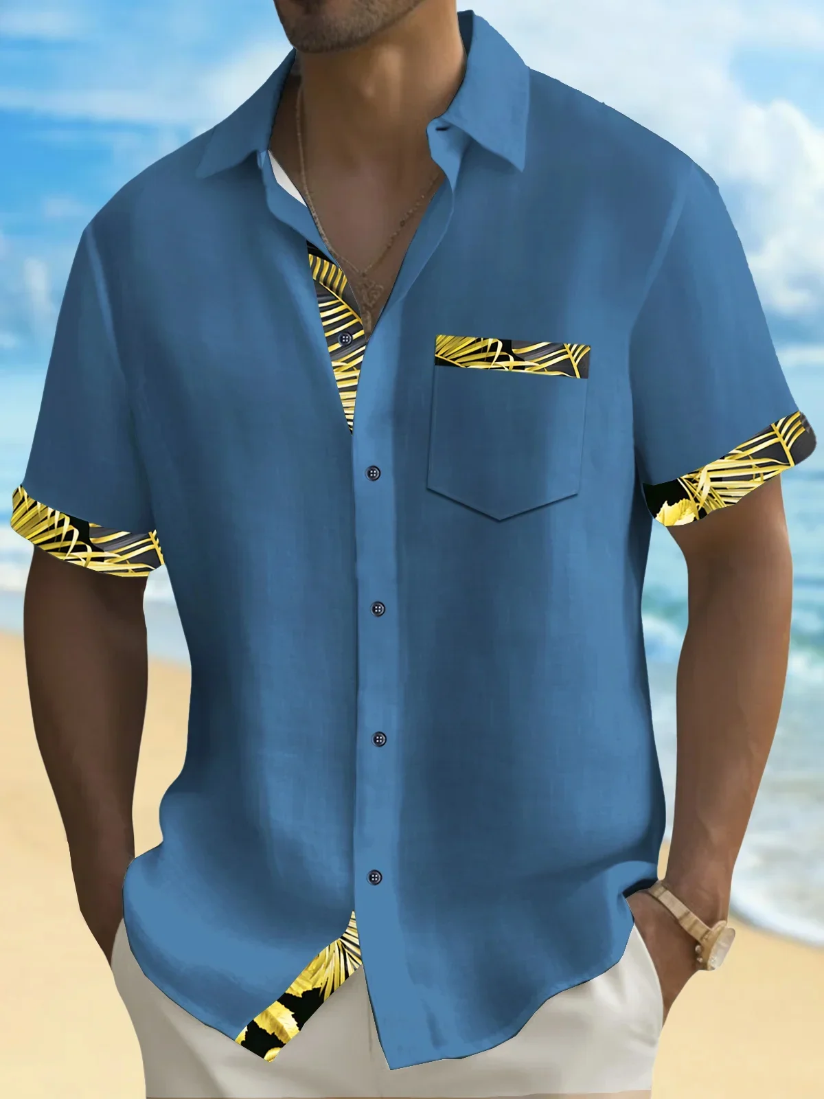 Men's short sleeved shirt, solid color patchwork pocket shirt, summer leisure vacation Hawaiian shirt, comfortable fabric
