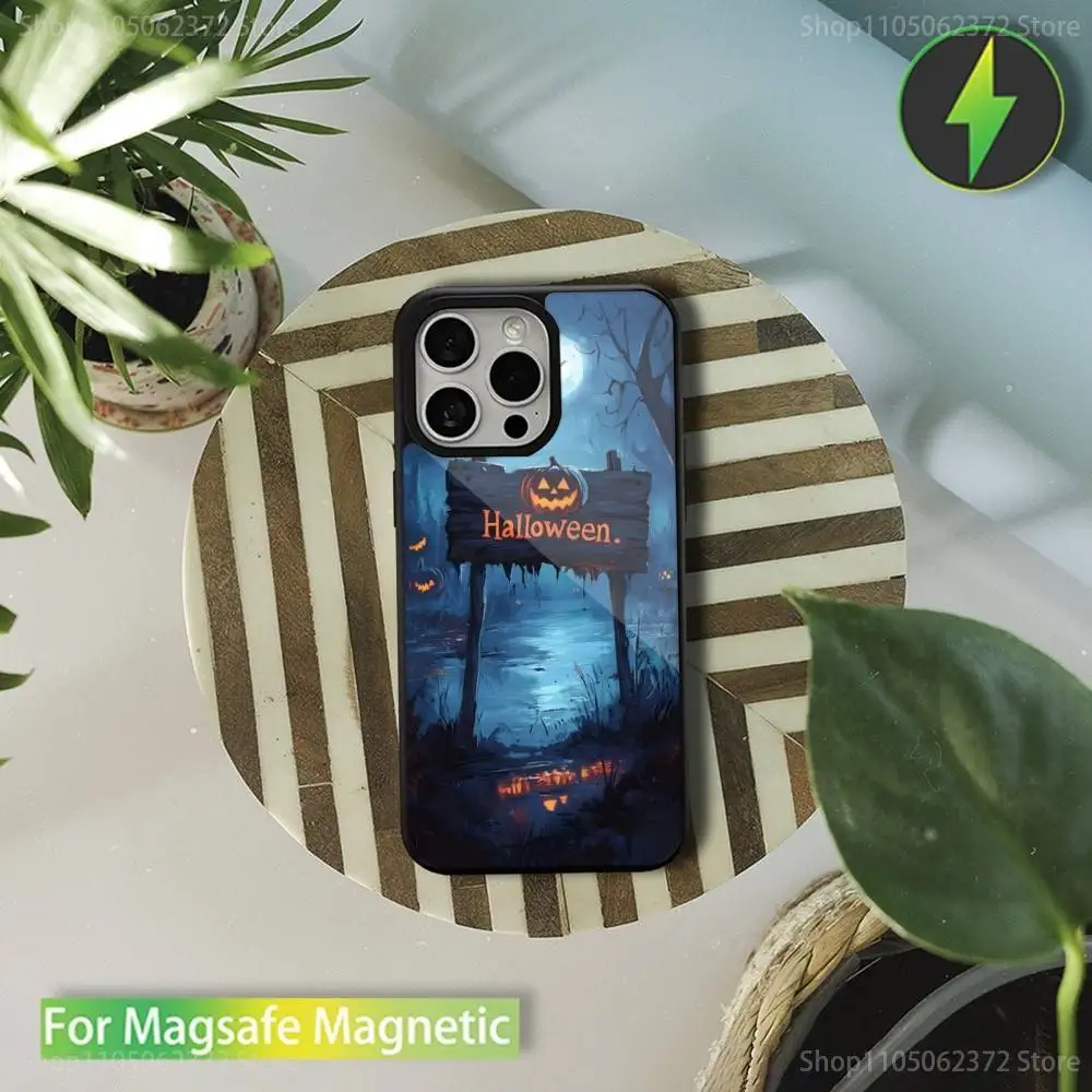 Capa de telefone de Halloween de arte de terror para iPhone 16,17,15,14,13,12,11,Pro,Max,Plus,Mini,Magsafe, capa de carregamento magnético sem fio