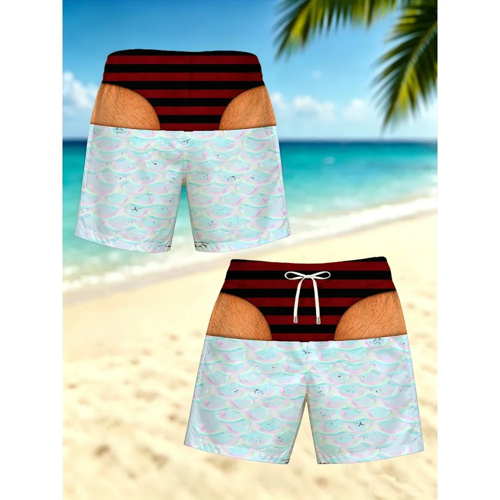 Novelty Prank Men's Board Shorts Red Black Stripe Fake Underwear Design Pastel Mermaid Scale Print Summer Beach Party Swimwear