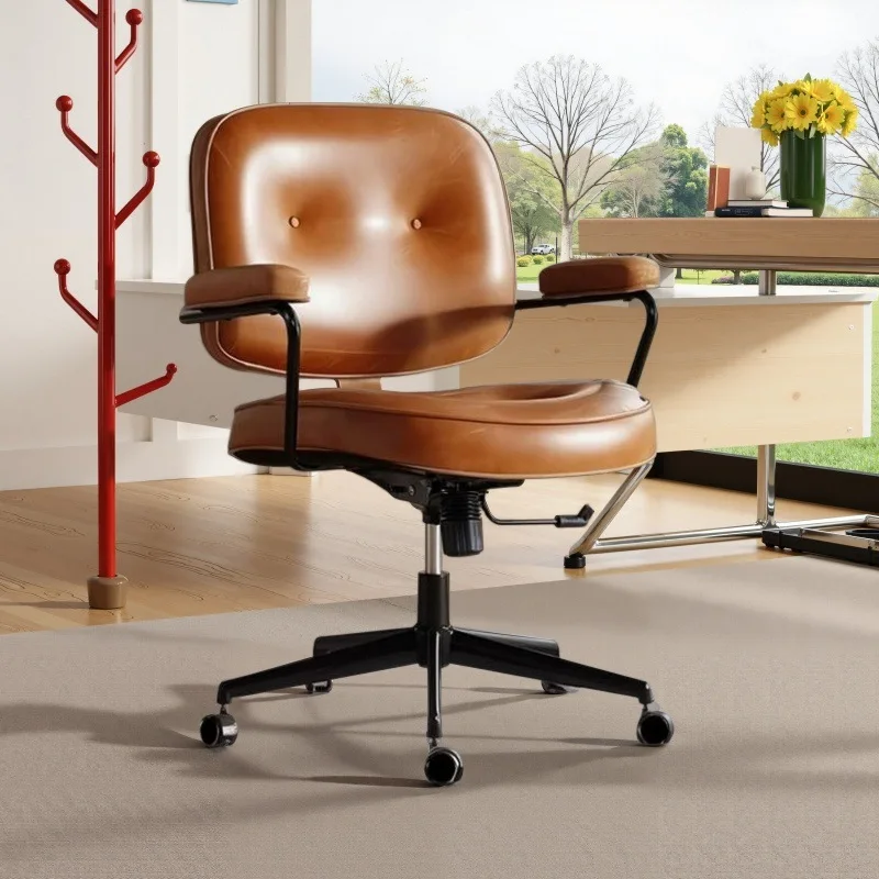 Brown Leather & Patterned Fabric Office Chair, Wheeled Adjustable Swivel Chair, Retro Style Home Office Desk Chair with Armrests