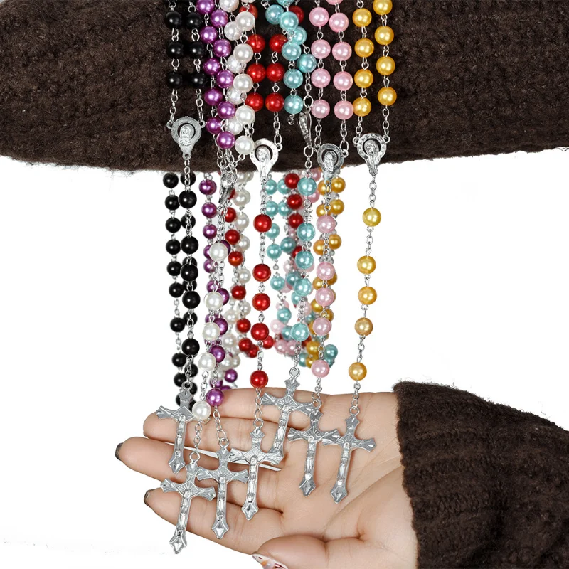 Fashion Religion Christian Faux Pearl Rosary Necklace for Women Virgin Mary Jesus Cross Pendant Long Beads Chains Jewelry