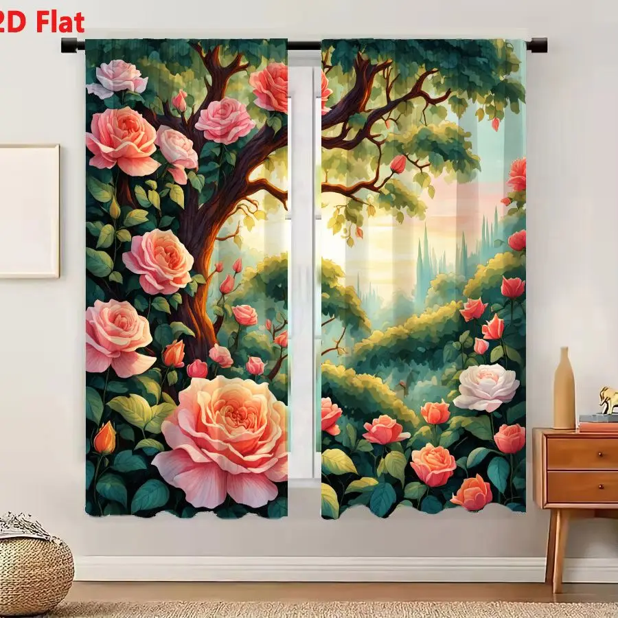 2Pcs Curtains 2D Flat Vibrant Whimsical Digital Illustration Lush Garden Scene Golden Light Gnarled Tree Trunk Pastel Roses Roll