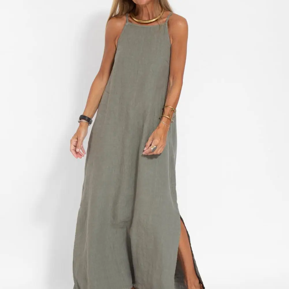 2025 سيدة Strappy فستان ماكسي ألف خط سترة نوع الكاحل طول الصيف فستان الشاطئ فضفاض عادية س الرقبة الجانب سبليت الصيف فستان طويل