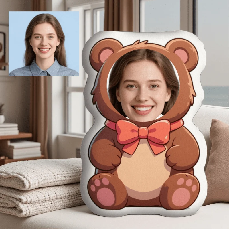 Kreative Fotoanpassung: Rosa-braunes Plüschkissen mit Teddybär-Aufdruck, Geburtstagsgeschenk