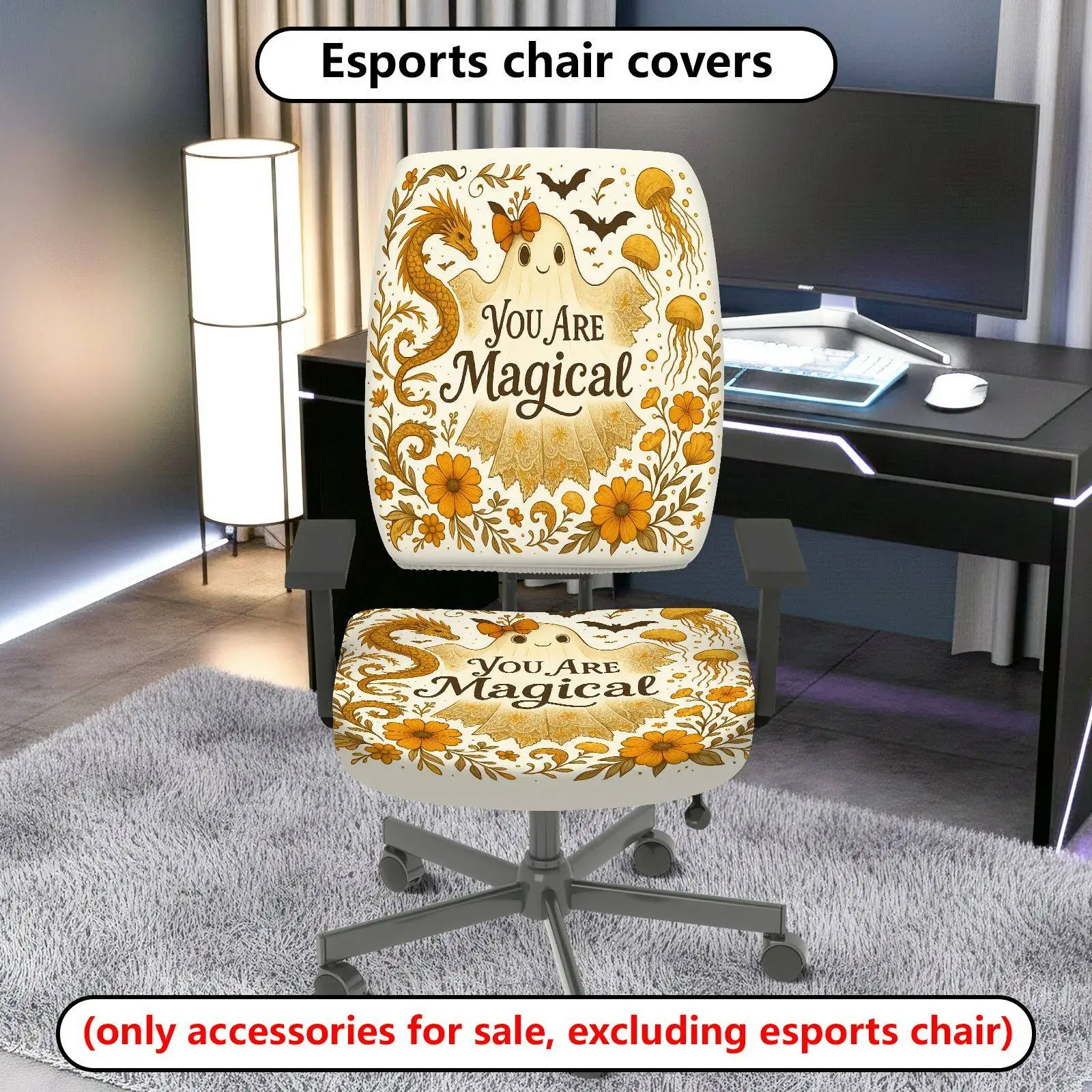 

test only, not for sale 2Pcs Magical Floral Ghost Dragon Bat Elastic computer office chair cover(without chair), Halloween