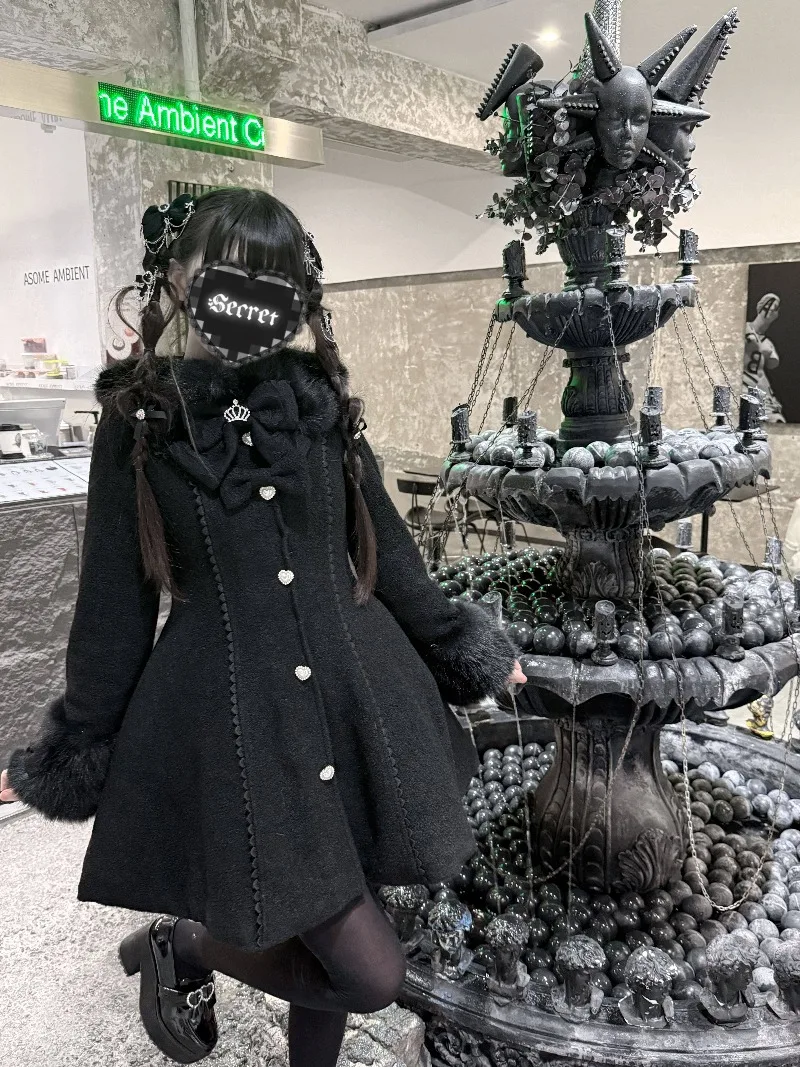 Casaco de Renda Produzido em Massa, 30% Lã, Ajuste na Cintura, Top Longo com Enchimento de Algodão, Gola de Pele, Jaqueta Slim-Fit de Botão Único Japonesa