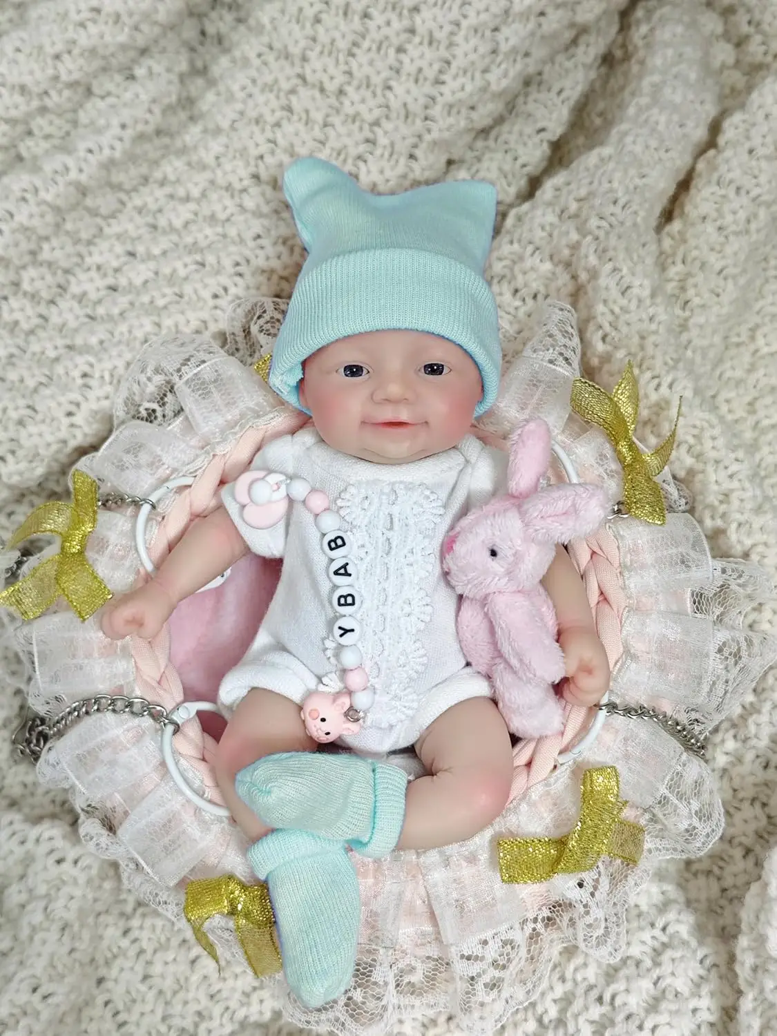 7 Zoll Reborn-Puppe aus Vollsilikon mit blauen Augen, realistischem Aussehen, niedliches Babyspielzeug mit Geschenkbox – Detail 5