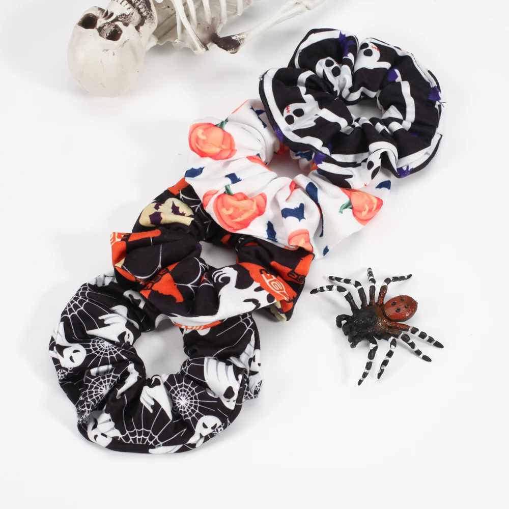 ID:1005005578254225 Ghost Skull, Pumpkin, Spider Web, Bat Pattern Halloween Hair Scrunchies Hair Ties Band