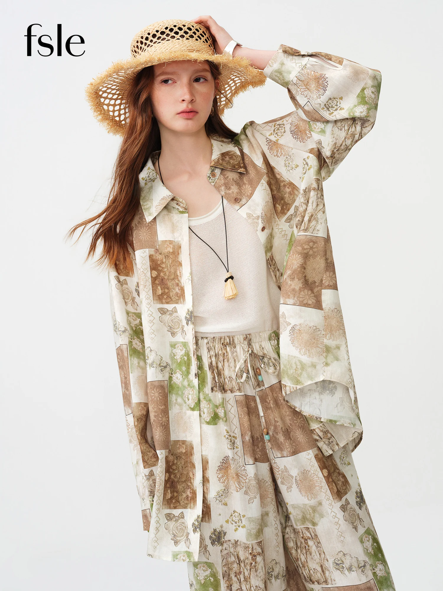 

FSLE 2026 Summer Women's Retro Print Long Sleeve Blouse Set with Relaxed Fit - French-Inspired Style for Vacation Daily Outings