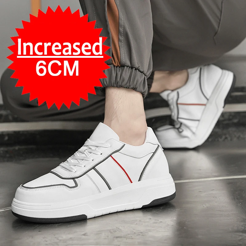 New Leathe Height Increasing Shoes for Men's 6CM Invisible Elevator Sneakers Fashion White Tennis Sport Formal Shoes Big Size 45