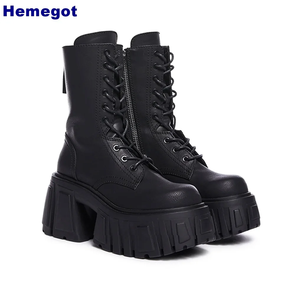 

Genuine Leather Platform Zip Short Boots Round Toe Thick Heel Lace-Up Sports Casual Street High Heel Boots Fashion for Women