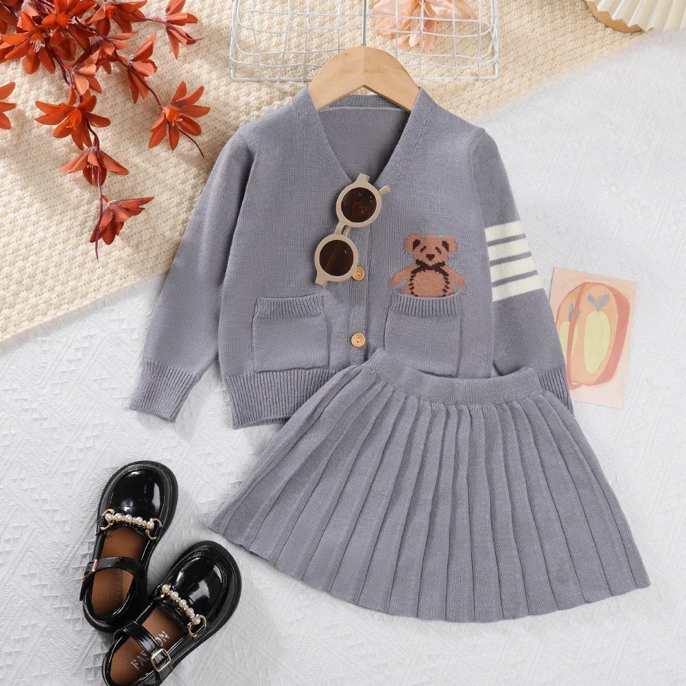 Autumn Winter Grey Girls' Two Piece Set Korean Sweet Kids Clothes Bear Printed V-neck Cardigan Long Sleeve Top Pleated Skirt