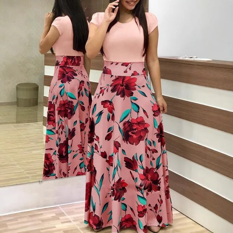 Women's Summer Print Stitching Flower Long Banquet Dress 2025 Female Bodycon Dress Elegant Sexy Woman Super Long Pullover Dress