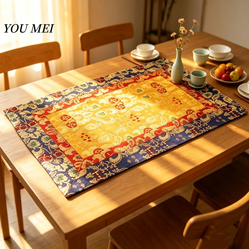 Tibetan-Style Tablecloth,Embroidery Gesang Flower Pattern Cloth Mat,Buddhist Hall Vajrayana Decorative Sacred Artifact Altar Mat