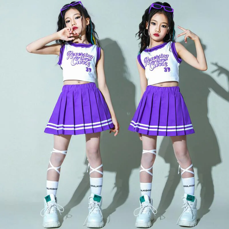 Children Hip Hop Summer Clothes Sets T-shirt Street Dance Skirt Girls Crop Top Cute Outfits Kids Jazz Cheerleader Costumes