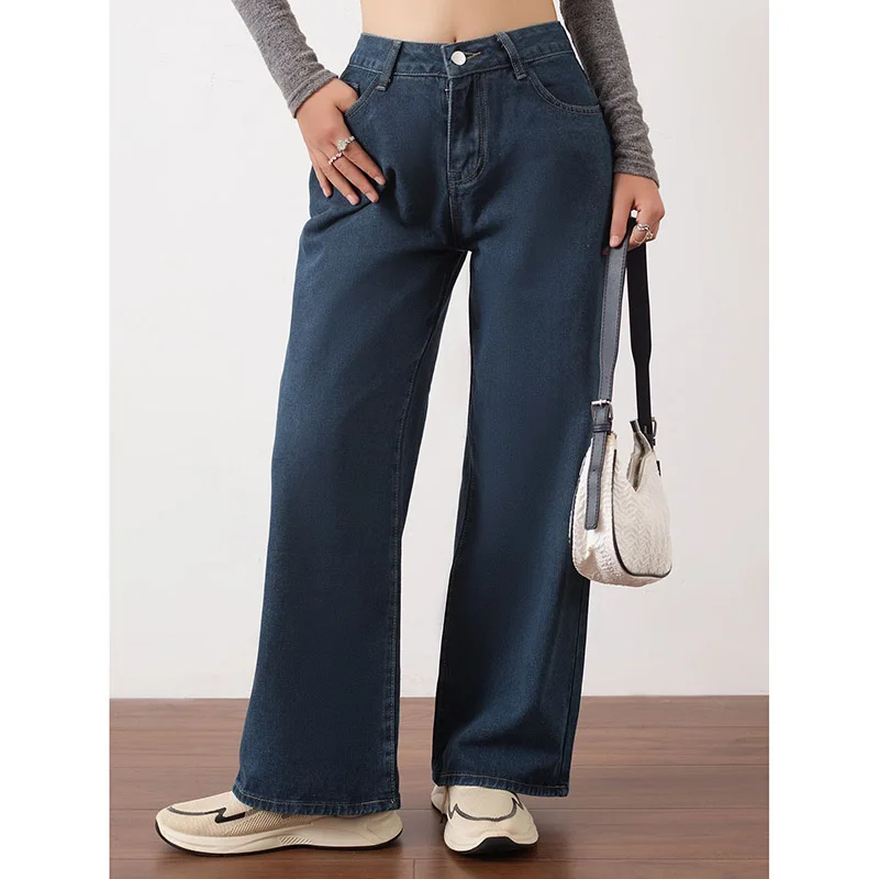 

Women Korean Loose Straight Leg Jeans Girls Fashion High Waist Denim Pants Lady Hot Sale Classic Dark Blue Trousers