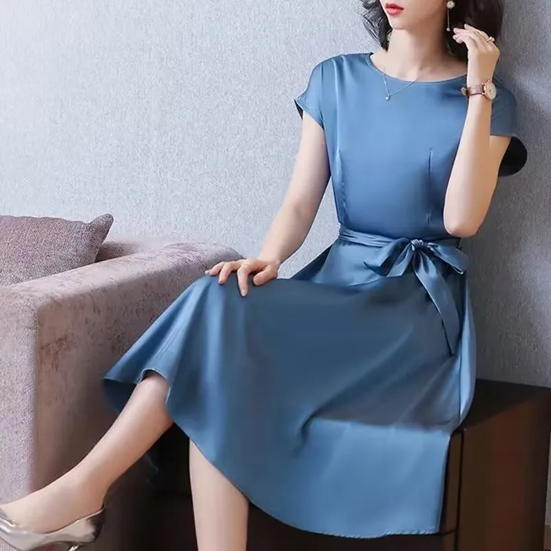 Smooth Satin Dress Women Summer Thin Elegant Short Sleeve Party Dress Vintage Bandage Silk satin drape dress