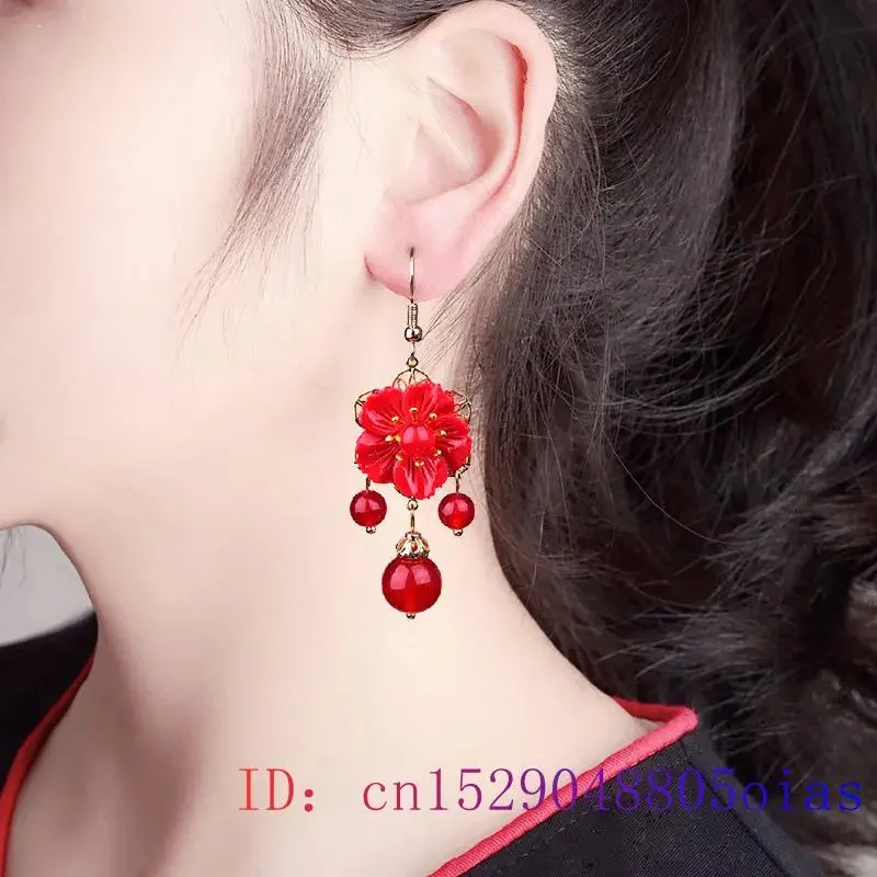 Orecchini con fiori di giada rossa Gioielli con zirconi Amuleto di pietre preziose Cristallo naturale Regali di moda per donna Calcedonio Fascino in argento 925