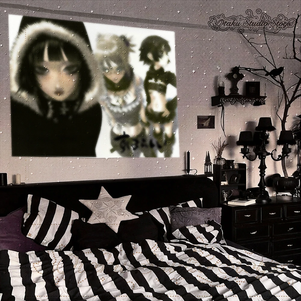 もさもさ Gothic Punk Trio Girls Fur Hood Piercing Anime Vertical Tapestry Vintage 2000s Door Wall Hanging