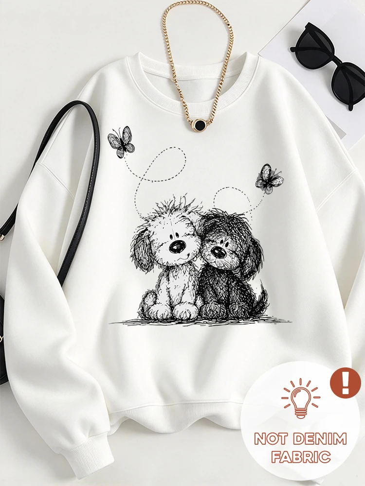 Black And White Puppy Butterfly Graphic Crewneck Sweatshirt Creative Sketch Print Long Sleeve Pullover Soft Comfortable Machine Washable Fall Winter Casual Tops For Women Local Warehouse Fast Shipping