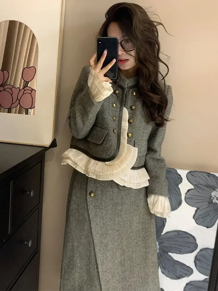 

UNXX Wood Ear Splicing Woolen Blazers Skirt Suits Vintage Contrast Double-breasted Woolen Coat Long Skirt Two-piece Sets Women