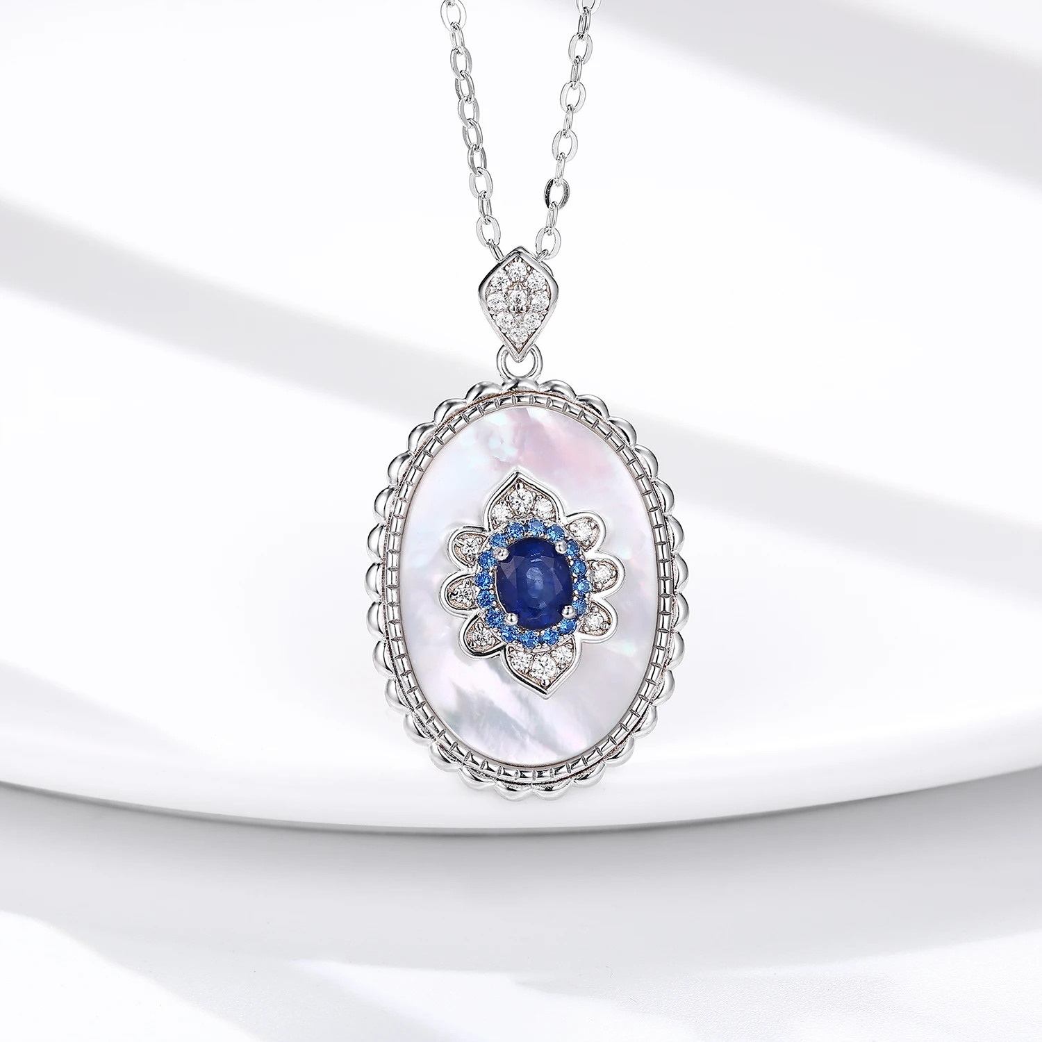 YBO Trendy White Shell Flower Pendant For Necklaces Luxury Natural Blue Sapphire 925 Sterling Silver Gemstone Clavicle Chains