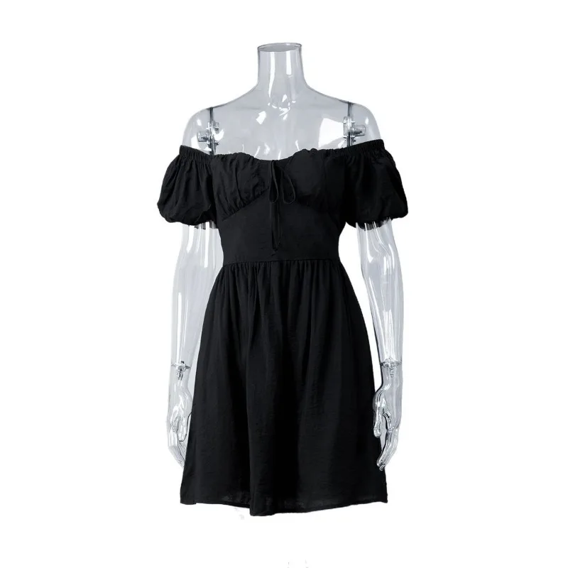 

One-word Shoulder Short-sleeved Dress 2026 Summer Lace-up Waist Dress