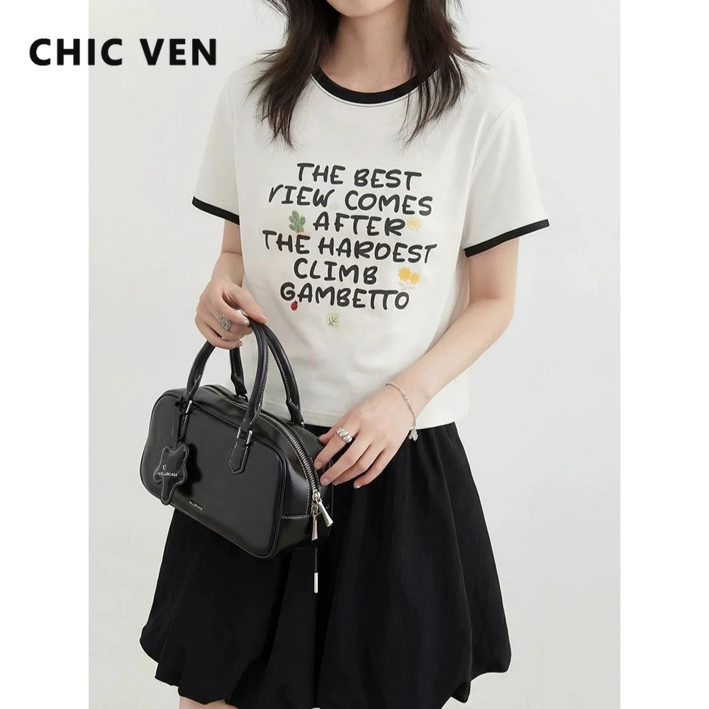 

CHIC VEN Fashion Women T-Shirts Casual Slim Letter Printed Design Short Sleeved Tees O Neck Female Tees Pullover Summer 2026
