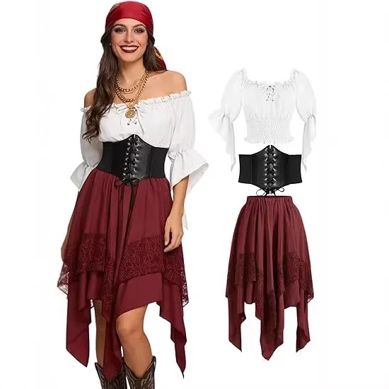 3 STKS Vrouwen Piratenrok Renaissance Spelled Jurk Puntige Asymmetrische Fee Piratenkostuum Middeleeuwse Boer Top Halloween Set