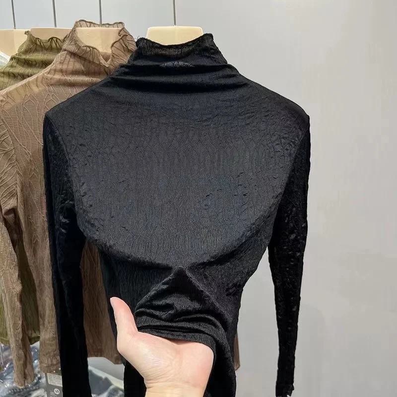 Lace High Collar Women's Base Shirt Thin Style Inner Wear Fashionable Black Top Transparent Design Autumn Winter  Color ...